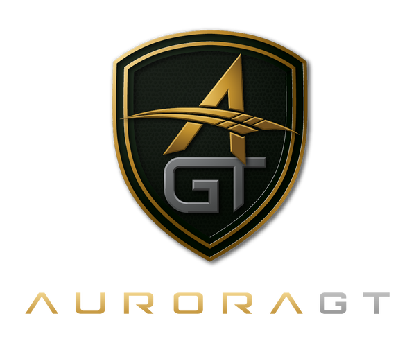 Aurora GT logo with a shield design and gold lettering on a white background